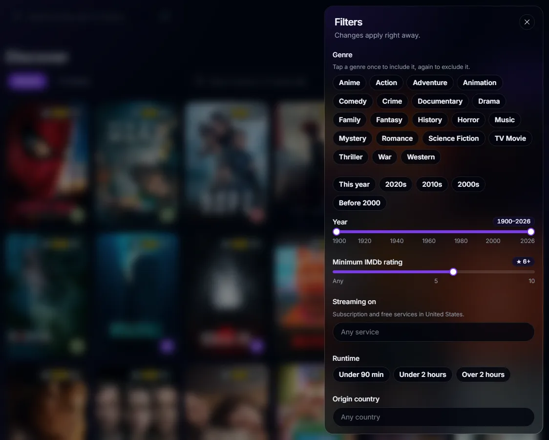 Discover with movie posters and filters