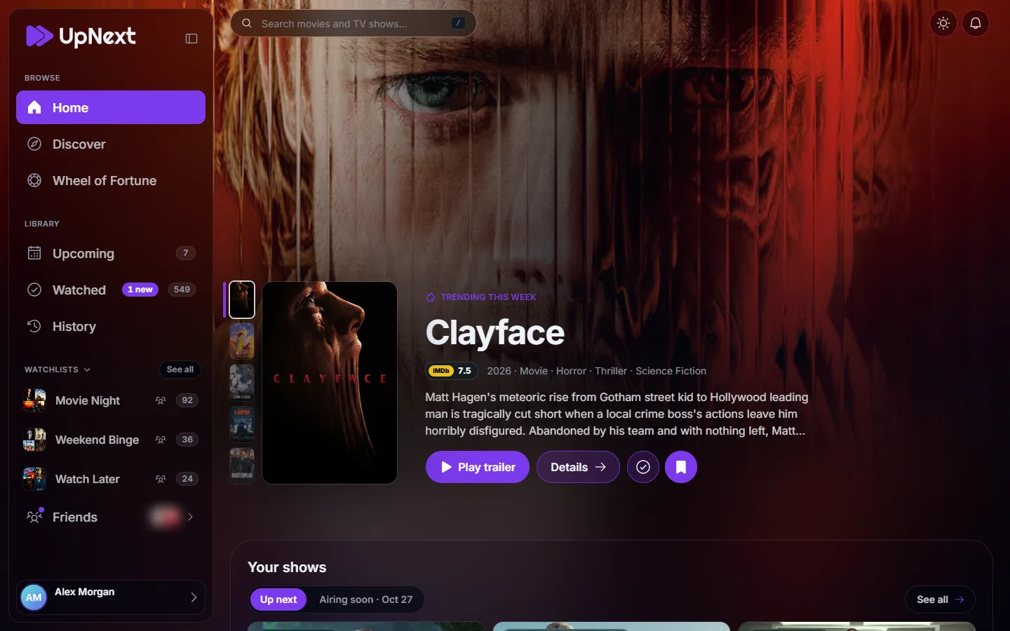 The UpNext home page with a trending movie
