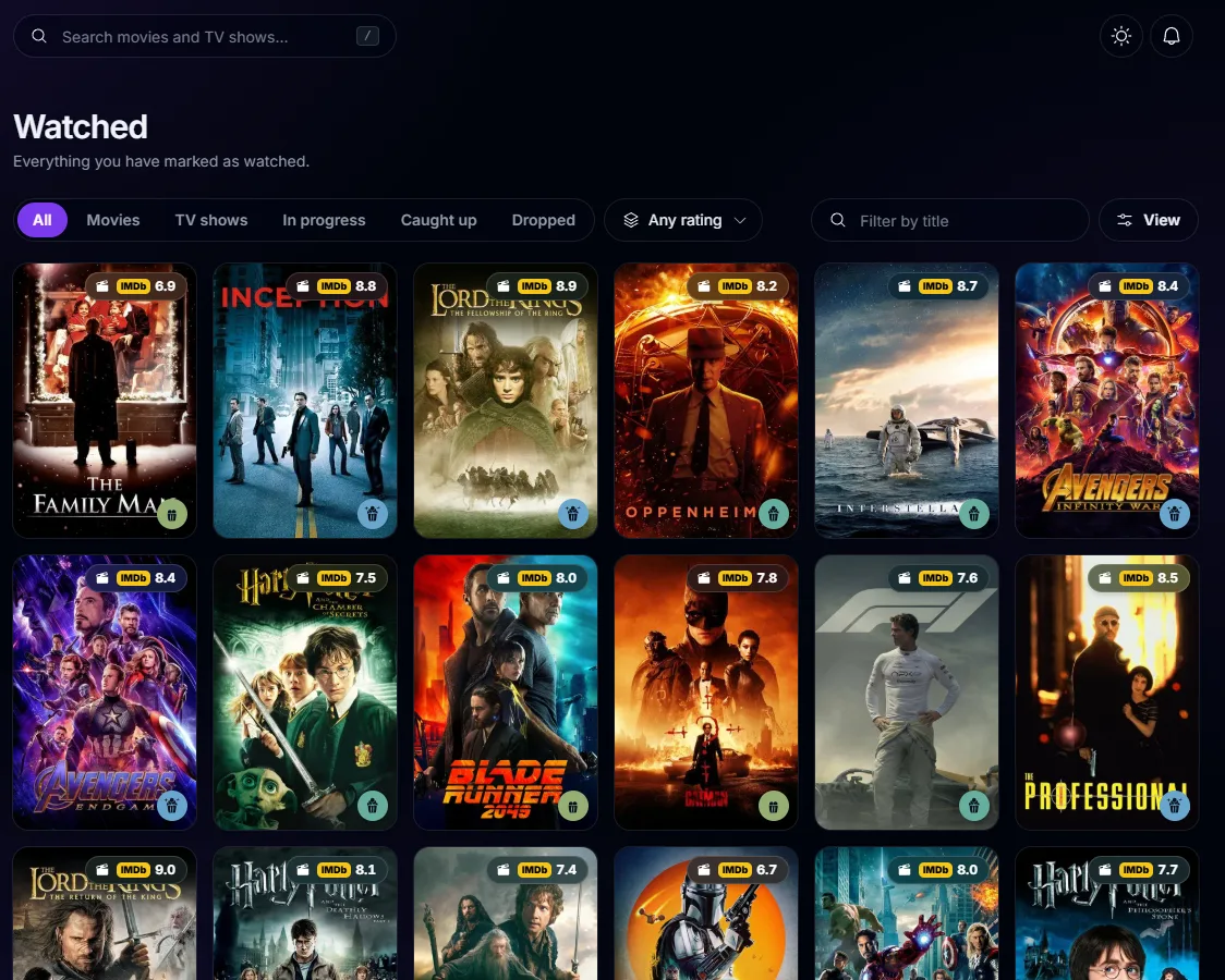 The library of watched movies and shows