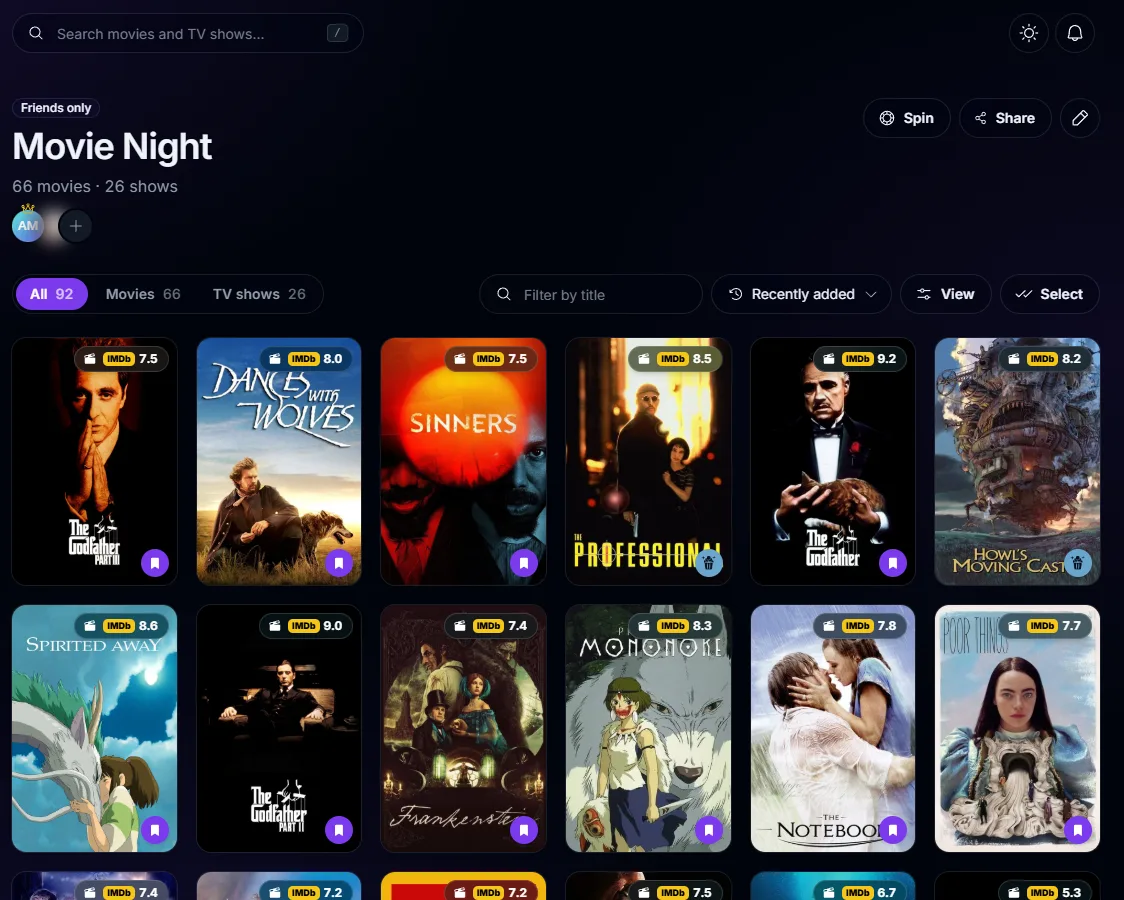 A shared watchlist with its titles